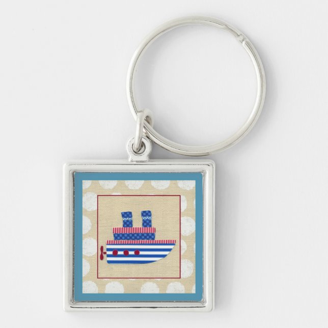 Steamship with Propeller and Blue Smokestacks Key Ring (Front)