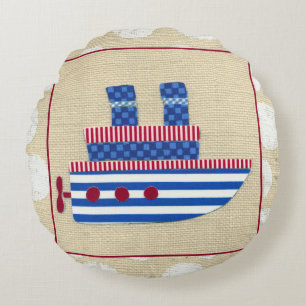 Steamship with Propeller and Blue Smokestacks Round Cushion