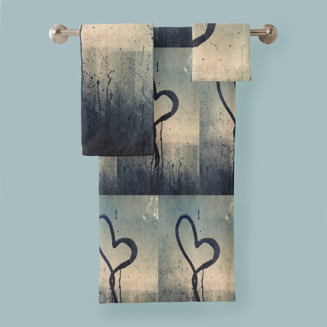 Steamy Hearts Blue Beige Black Bath Towel Set (Creator Uploaded)