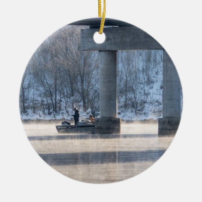 Steamy Winter Fishing Table Rock Lake Ceramic Tree Decoration (Front)