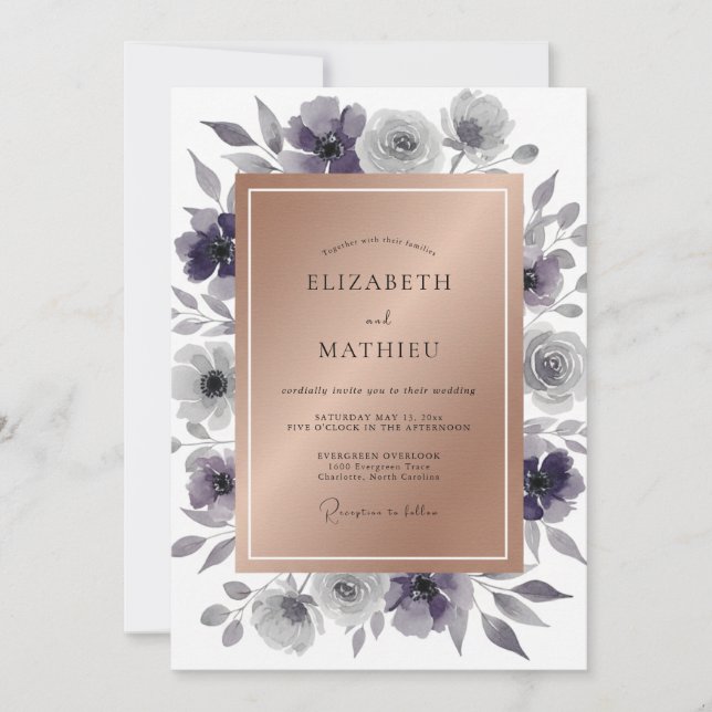 Steel Amethyst Leafy Wedding Invitation (Front)