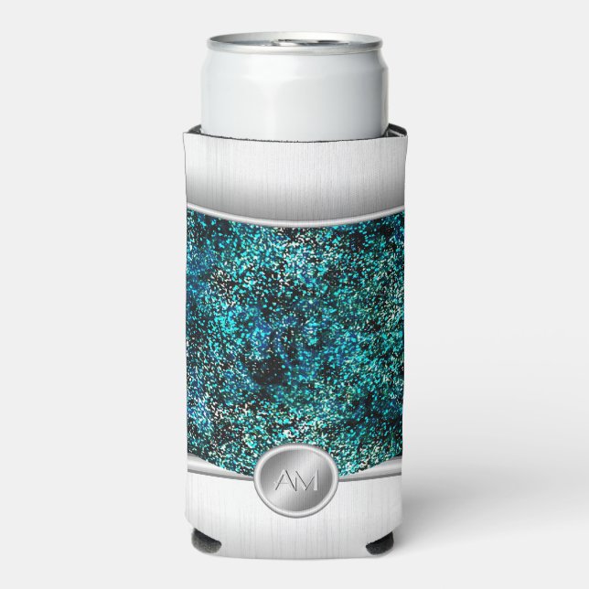 Steel and green glitter monogram phone case seltzer can cooler (Seltzer Front)