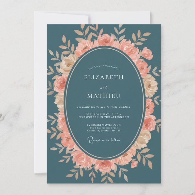 Steel Apricot Wreath Wedding Invitation (Front)