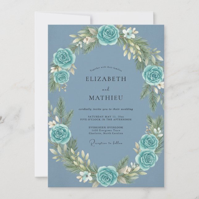 Steel Aqua Wreath Wedding Invitation (Front)