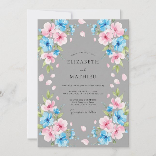 Steel Azure Pink Petal Wedding Invitation (Front)