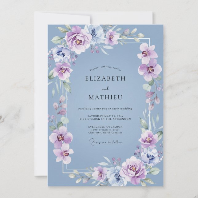 Steel Blue Amethyst Petal Wedding Invitation (Front)
