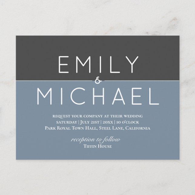 Steel Blue Bold Modern Wedding Invitation Postcard (Front)