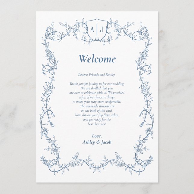 Steel Blue Botanical Wedding Letter and Itinerary Programme (Front)