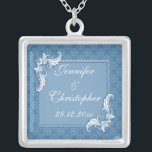 Steel Blue Damask and Floral Frame Wedding Silver Plated Necklace<br><div class="desc">A vintage style design for your upcoming nuptials featuring a subtle damask pattern on a steel blue background. The text is surrounded by a rectangular frame with a floral swirl in two of the corners with a raised printed effect. The text is fully customisable for your own special occasion. The...</div>