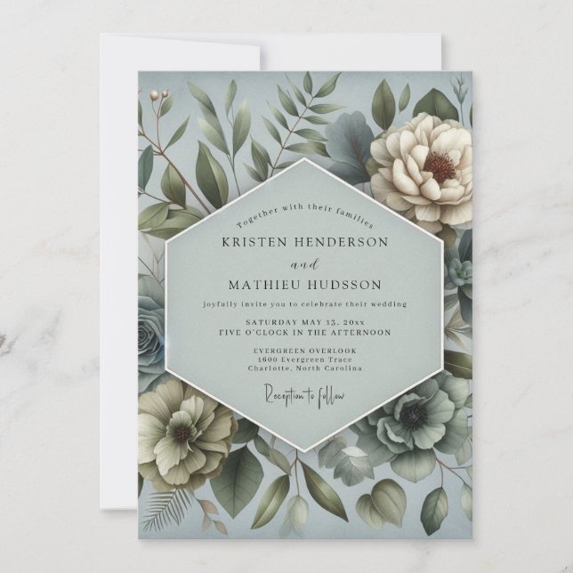 Steel Blue Dreamy Flora Wedding Invitation (Front)