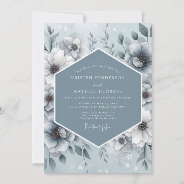 Steel Blue Ethereal Flora Wedding Invitation (Front)