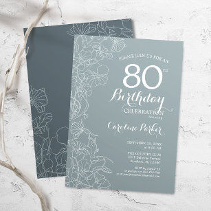 Steel Blue Floral 80th Birthday Party Invitation