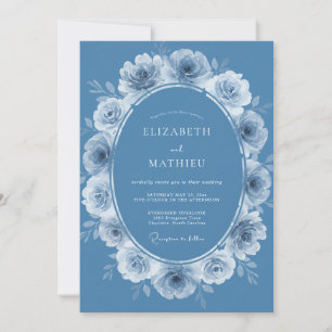 Steel Blue Floral Watercolor Wedding Invitation