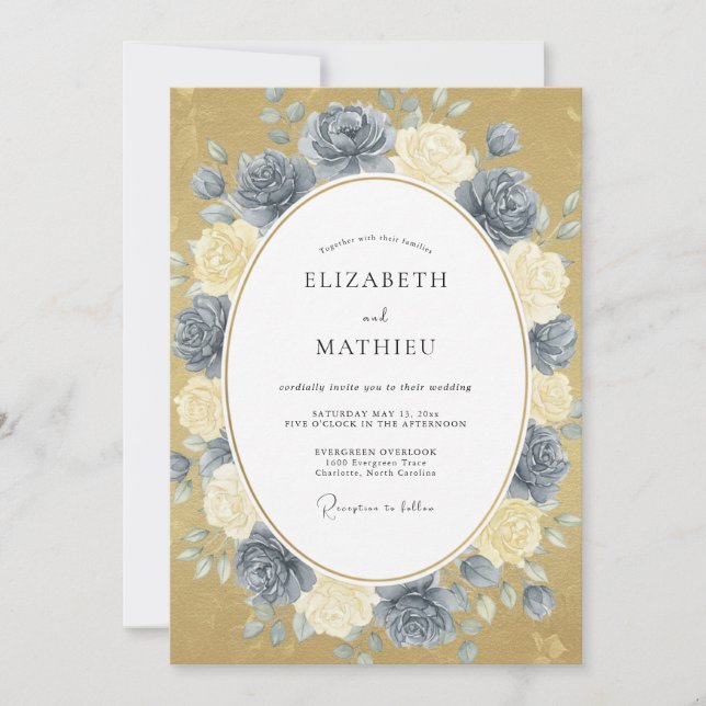 Steel Blue Gold Peony Wedding Invitation (Front)