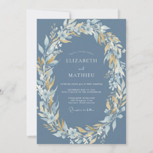 Steel Blue Golden Floral Wedding Invitation