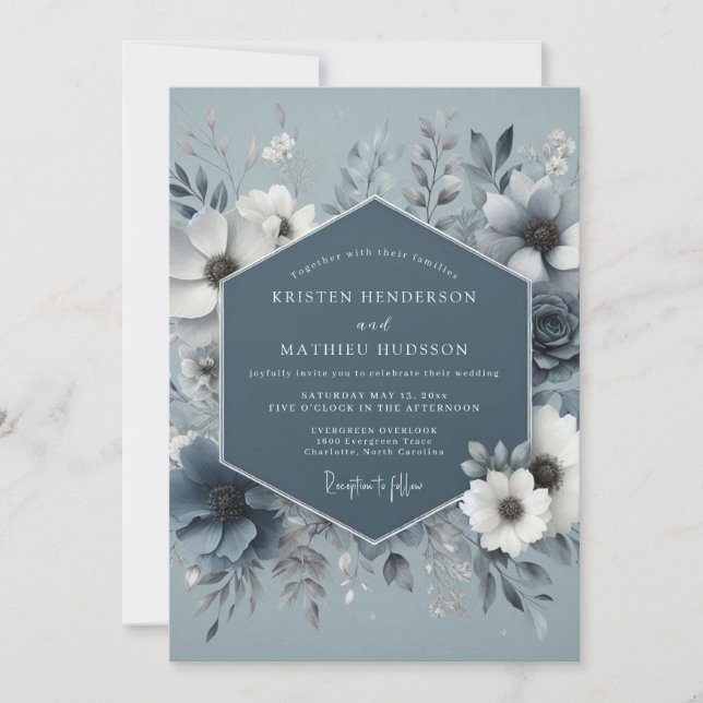 Steel Blue Icy Blossom Wedding Invitation (Front)