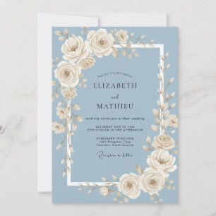 Steel Blue Ivory Rose Wedding Invitation