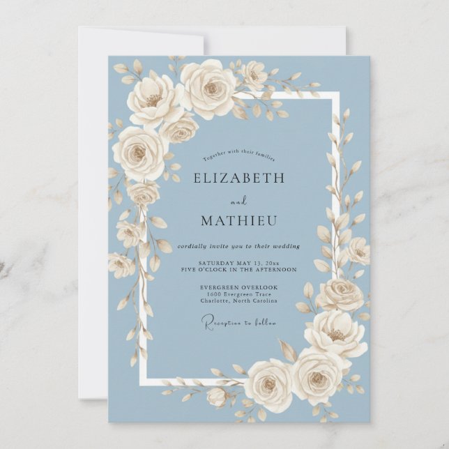 Steel Blue Ivory Rose Wedding Invitation (Front)