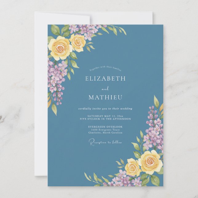 Steel Blue Lilac Eucalyptus Wedding Invitation (Front)