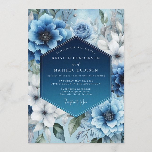 Steel Blue Lustrous Winter Wedding Invitation (Front)