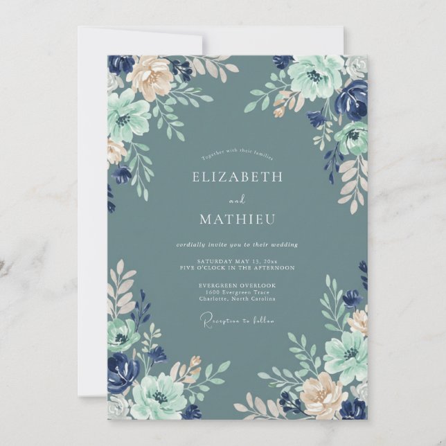 Steel Blue Mint Floral Wedding Invitation (Front)
