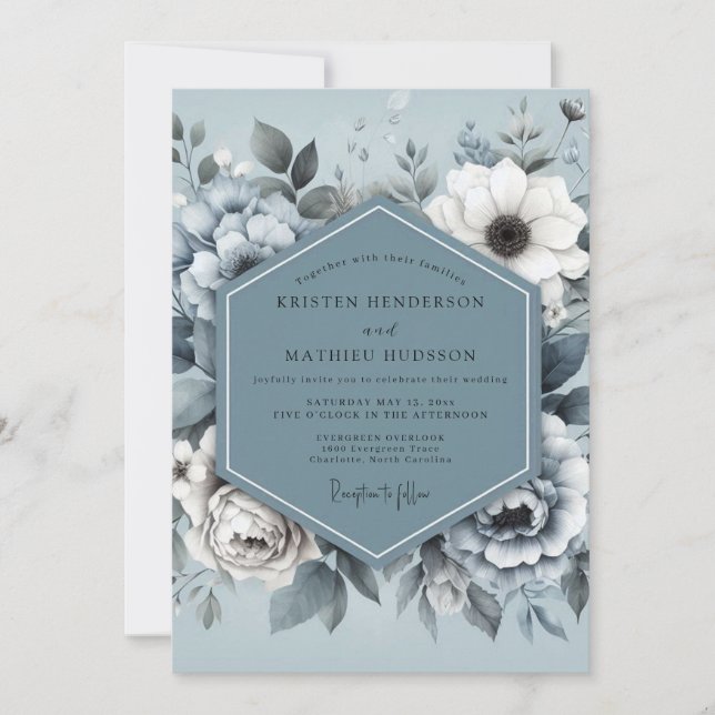 Steel Blue Monotone Flora Wedding Invitation (Front)