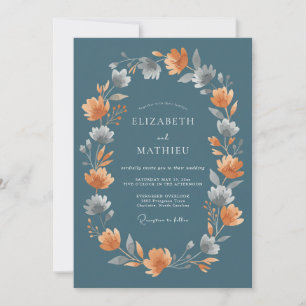 Steel Blue Orange Floral Watercolor Wedding Invitation