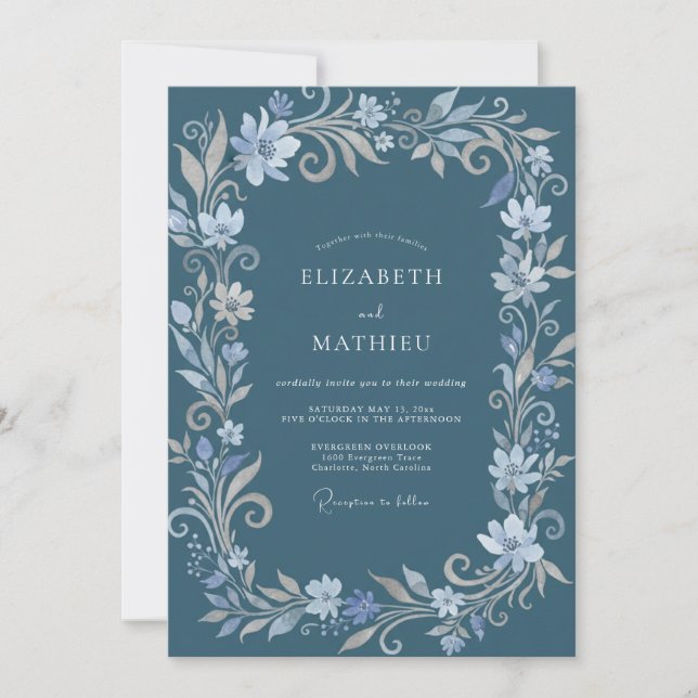 Steel Blue Ornate Winter Wedding Invitation (Front)