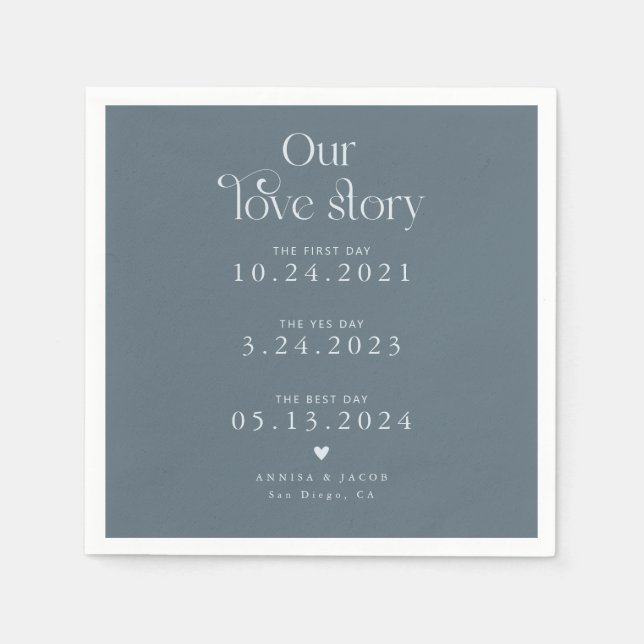 Steel Blue Our Love Story Retro Wedding Napkin (Front)