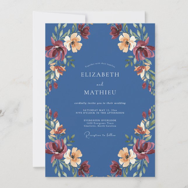 Steel Blue Painterly Autumn Wedding Invitation (Front)