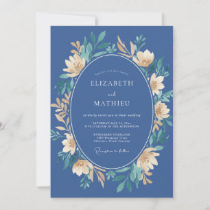 Steel Blue Pale Gold Floral Wedding Invitation