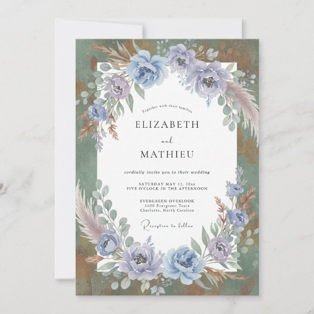 Steel Blue Pampas Eucalyptus Wedding Invitation (Front)