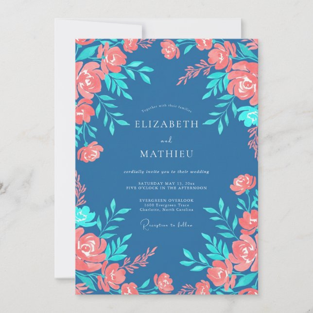 Steel Blue Peach Floral Wedding Invitation (Front)