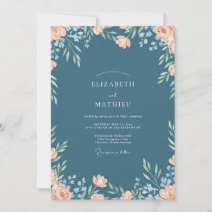 Steel Blue Peach Painted Wedding Invitation