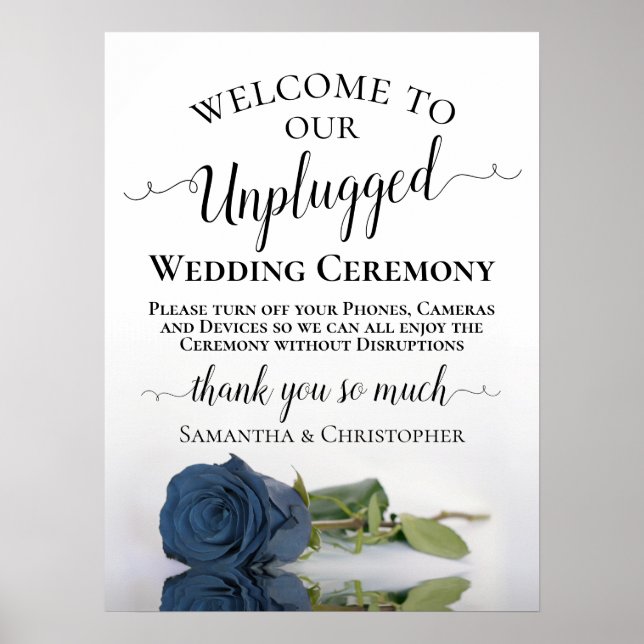 Steel Blue Rose Chic Unplugged Wedding Ceremony Poster (Front)