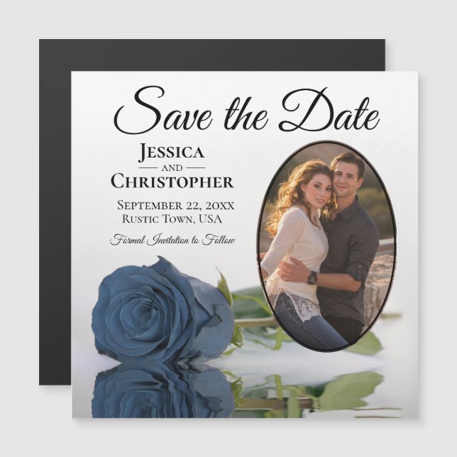 Steel Blue Rose Wedding Save The Date Photo Magnet (Front/Back)