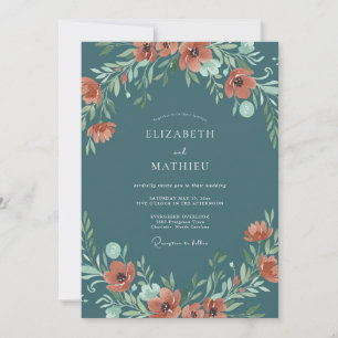 Steel Blue Rust Floral Wedding Invitation