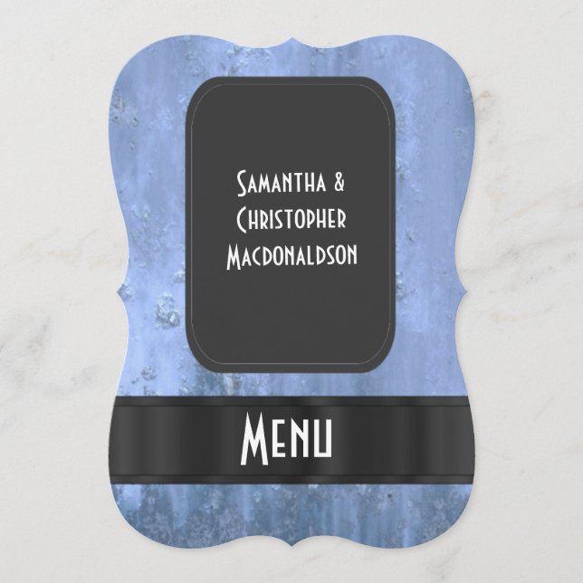 Steel blue rusty metal wedding menu (Front)