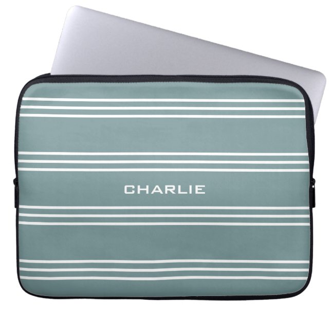Steel Blue Stripes custom monogram laptop sleeves (Front)
