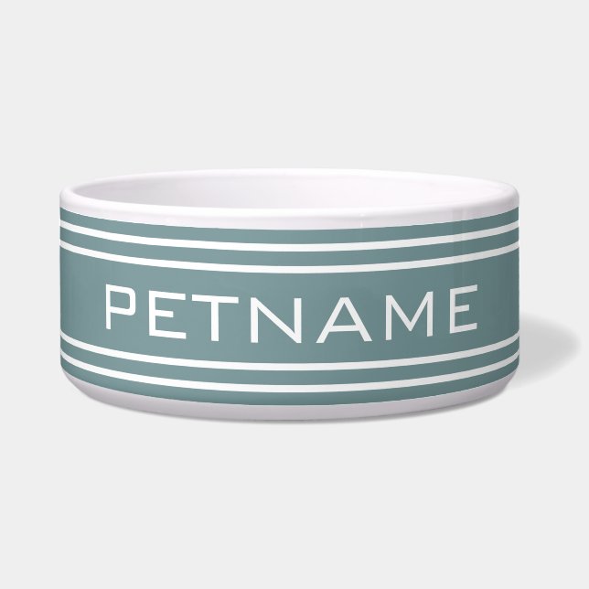 Steel Blue Stripes custom monogram pet bowls (Front)