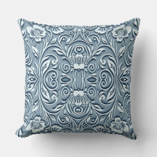 Steel Blue Symmetrical Embossed Floral Design  Cushion