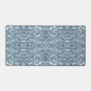 Steel Blue Symmetrical Embossed Floral Design Desk Mat