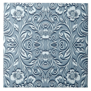 Steel Blue Symmetrical Embossed Floral Design  Tile