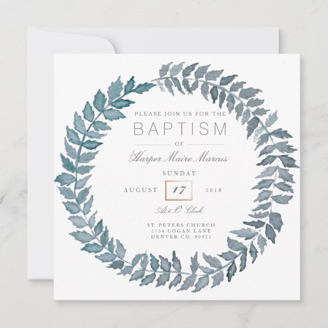 Steel Blue Vine | Watercolor Wreath Baptism Invitation (Front)