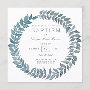 Steel Blue Vine   Watercolor Wreath Baptism Invitation