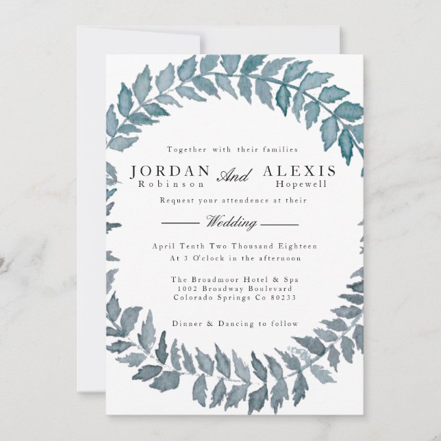 Steel Blue Vine | Watercolor Wreath Wedding Invitation (Front)