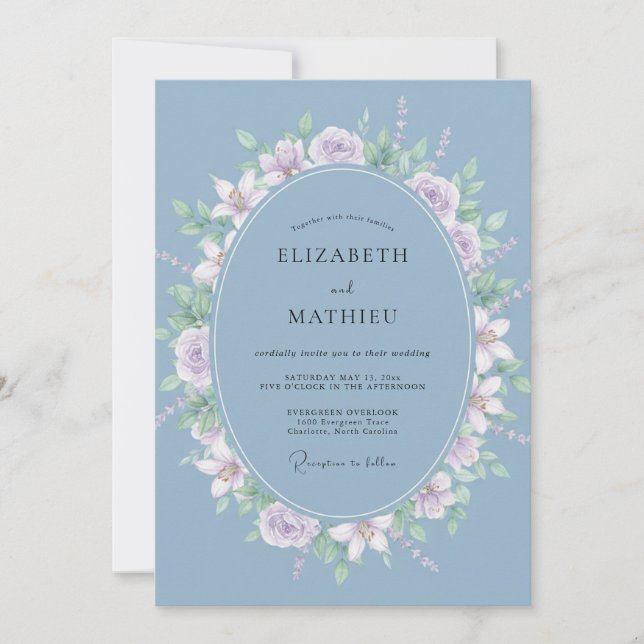 Steel Blue Violet Wreath Wedding Invitation (Front)
