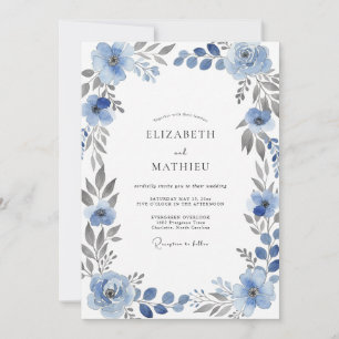 Steel Blue Watercolor Floral Wedding Invitation