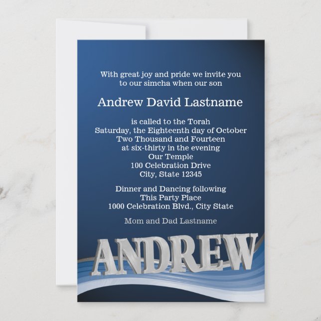 Steel Blue Wave Name Bar Mitzvah Invitation (Front)