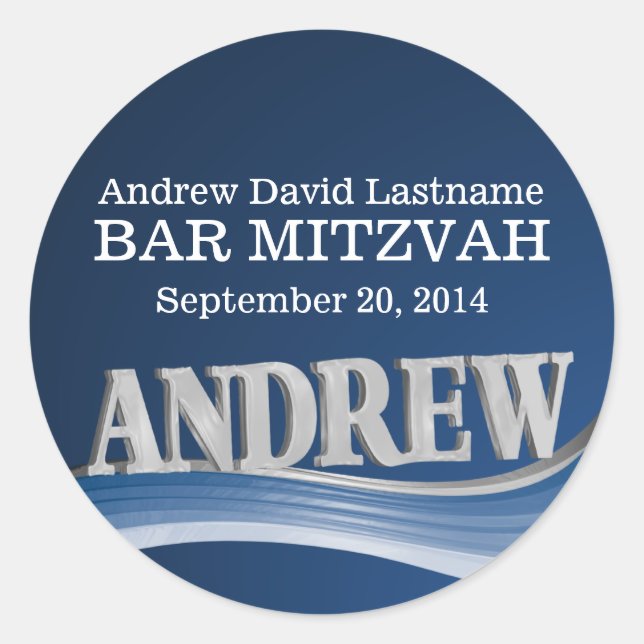 Steel Blue Wave with Name Classic Round Sticker (Front)